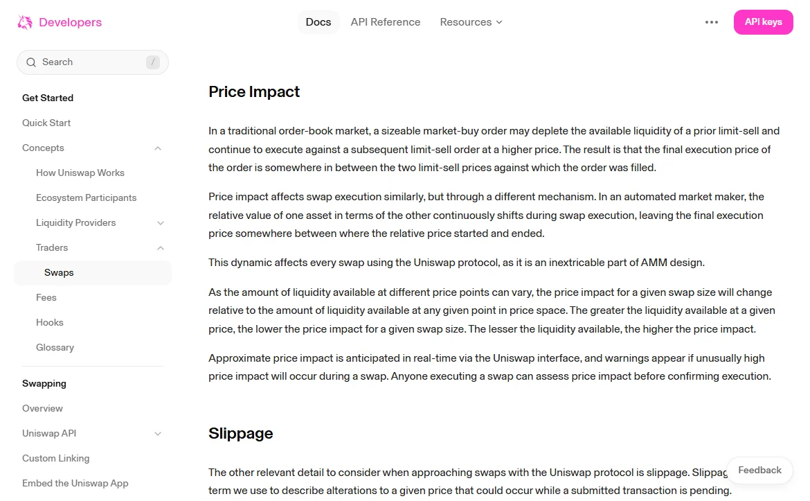 Bagian Price Impact di halaman Swaps dokumentasi developer Uniswap, menjelaskan bahwa likuiditas yang lebih kecil menghasilkan price impact lebih besar